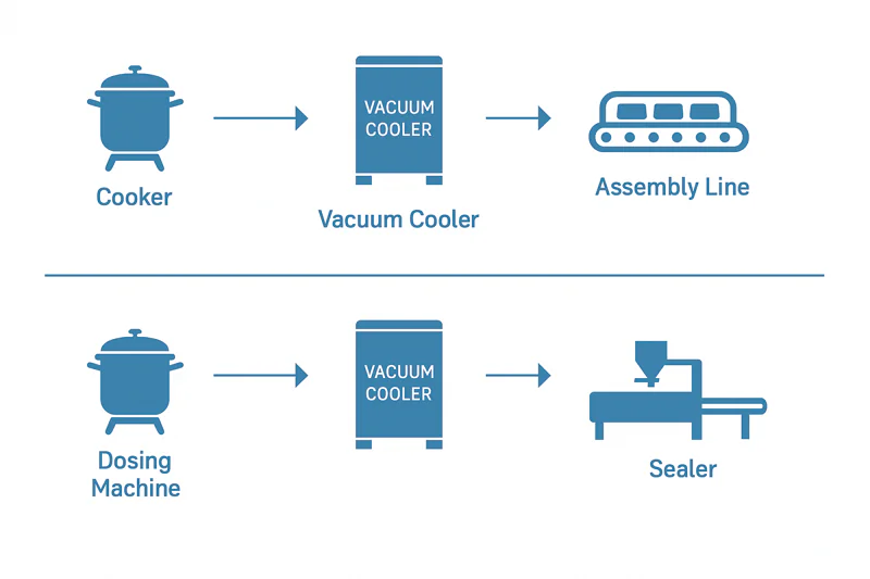 A flowchart diagram shows two options: 1) Cooker -> Vacuum Cooler -> Dosing Machine -> Assembly Line. 2) Cooker -> Dosing Machine -> Vacuum Cooler -> Sealer.”><figcaption>Flexible Integration of Vacuum Cooling Systems</figcaption></figure></p><h3>A Custom Solution for Your Workflow</h3><p>We understand that every food factory is different. Our job isn’t just to sell you a machine; it’s to provide a solution that fits your unique production logic. The most common and efficient method for ready-meal integration is <a href=