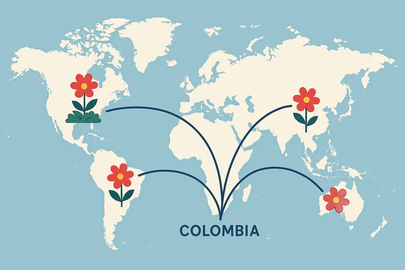 A map of the world with lines extending from a flower farm in Colombia to markets in North America, Europe, and Asia, symbolizing expanded reach.