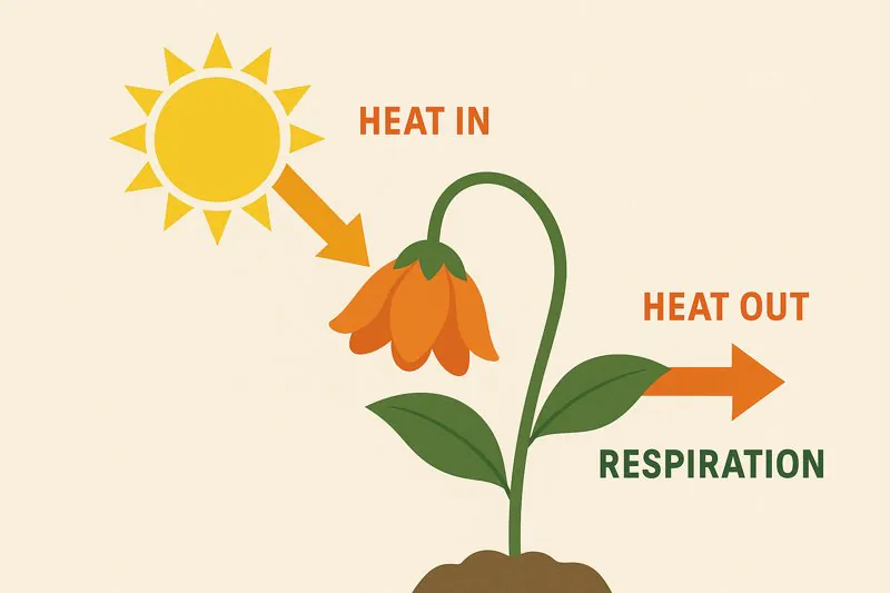 An infographic showing a flower with arrows indicating 'Heat In' from the sun and 'Heat Out' from respiration, leading to a wilted state.