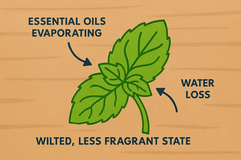 An infographic showing a mint leaf with arrows indicating 'Essential Oils Evaporating' and 'Water Loss,' leading to a wilted, less fragrant state.
