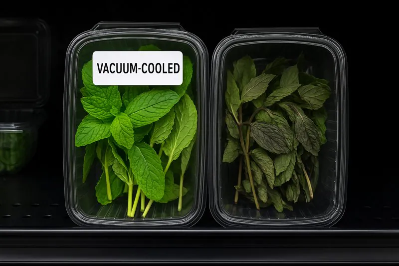 A retail shelf with two containers of mint; the vacuum-cooled one is vibrant and fresh, while the other looks dark and wilted.