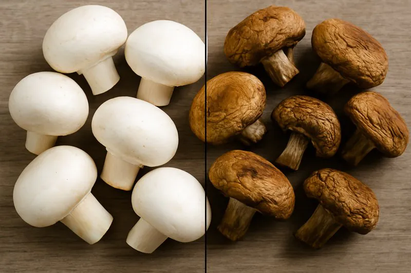 A side-by-side comparison showing pristine white mushrooms next to browned, spoiled mushrooms.