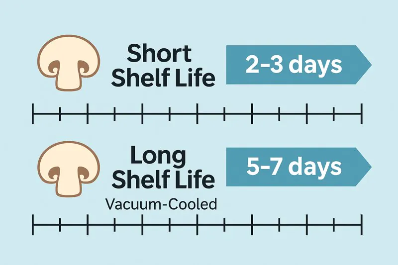 A timeline graphic showing a short 2-3 day shelf life for regular mushrooms vs. a long 5-7 day shelf life for vacuum-cooled mushrooms.
