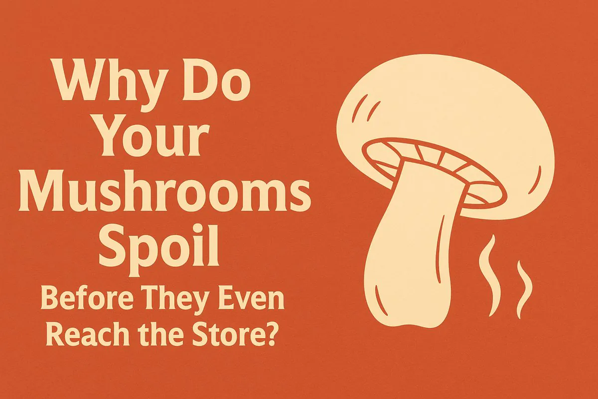 Graphic illustration featuring the question “Why Do Your Mushrooms Spoil Before They Even Reach the Store?” with an image of a spoiled mushroom, emphasizing post-harvest loss and supply chain issues.