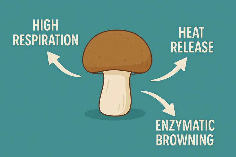 An infographic showing a mushroom with arrows indicating high respiration, heat release, and enzymatic browning.