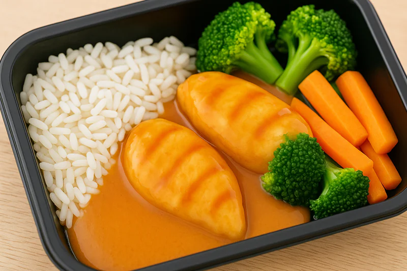 A close-up, vibrant photo of a finished ready-meal with perfectly separate grains of rice, crisp-looking vegetables, and a smooth sauce.