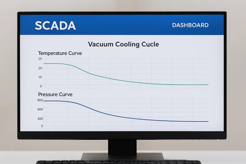 A computer screen showing a SCADA dashboard with graphs tracking the temperature and pressure curves from a recent vacuum cooling cycle.