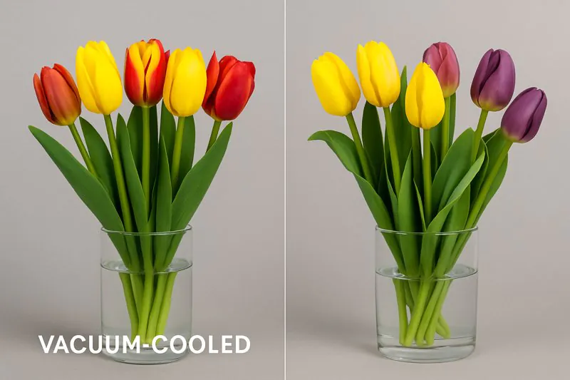 A side-by-side comparison of two bouquets of tulips after simulated shipping; the vacuum-cooled one is upright and vibrant, the other is slightly droopy and bruised.