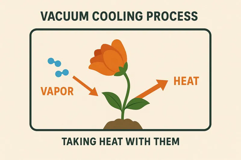 A diagram showing the vacuum cooling process with a flower inside the chamber, showing water molecules turning to vapor and taking heat with them.