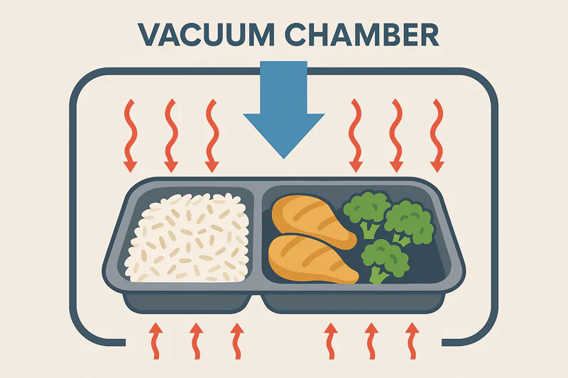 An infographic showing a ready-meal tray, with arrows indicating heat leaving all components (rice, chicken, broccoli) simultaneously inside a vacuum chamber.