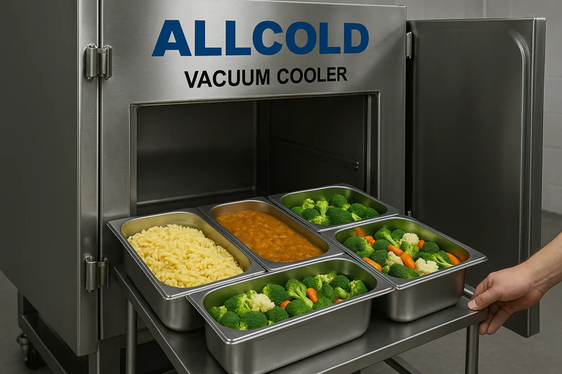 A bright, clean shot of various ready-meal components in stainless steel trays (cooked pasta, curry, steamed vegetables) being loaded into an ALLCOLD vacuum cooler.