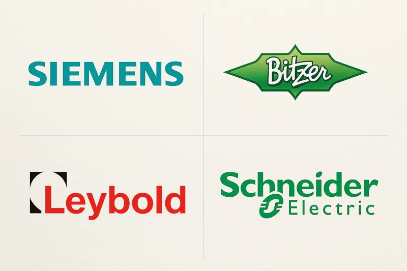 A collage of brand logos including Siemens, Bitzer, Leybold, and Schneider, highlighting the quality components used.