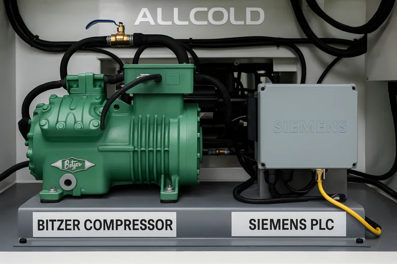 A detailed close-up of the internal components of an ALLCOLD vacuum cooler, with clear labels on the Bitzer compressor and Siemens PLC.