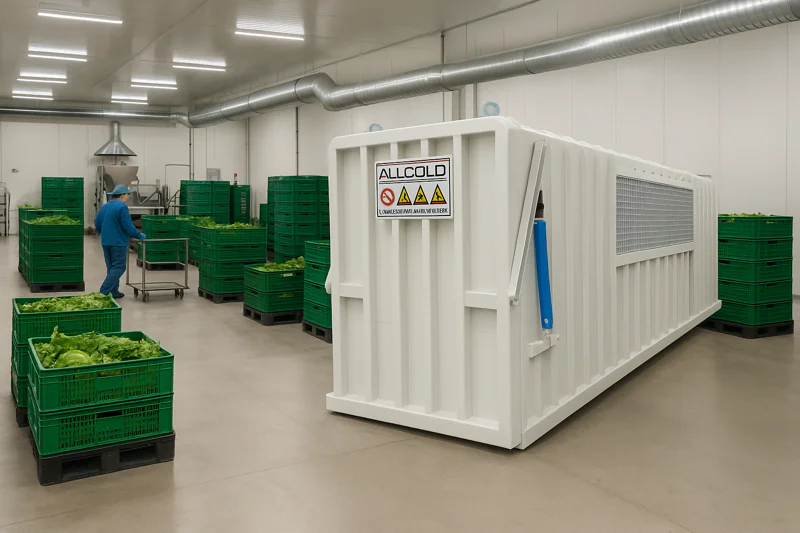 A wide shot of a modern, clean vegetable processing facility with a large, stainless steel ALLCOLD vacuum cooler as the centerpiece.