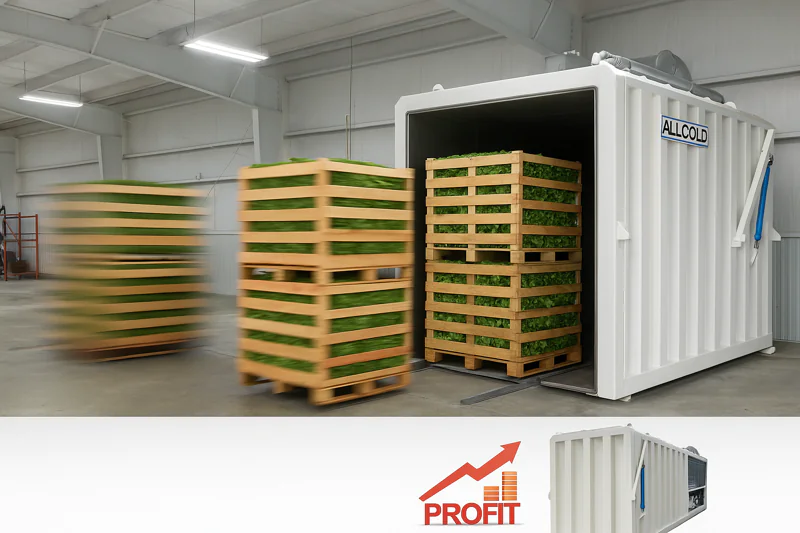 A time-lapse photo showing multiple pallets of vegetables being quickly loaded and unloaded from a vacuum cooler, illustrating high throughput.