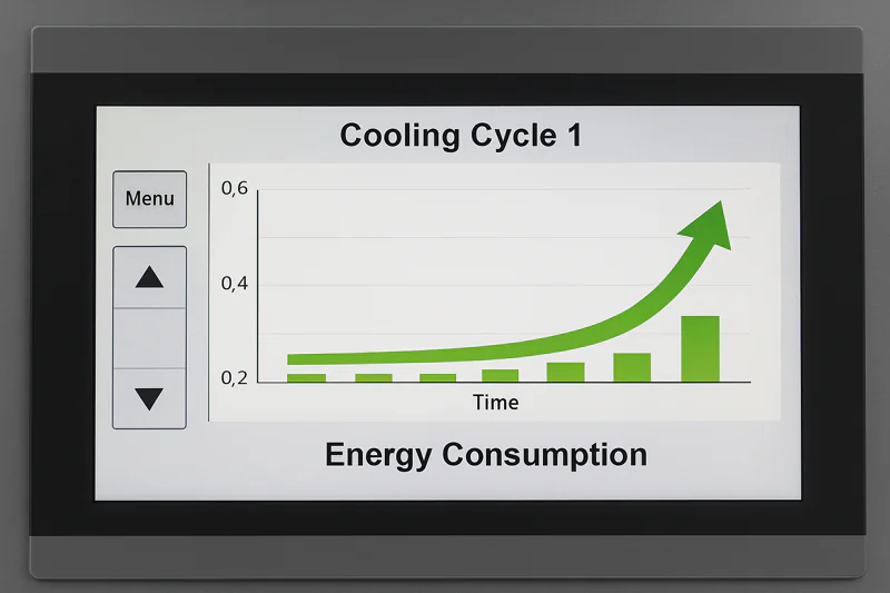 A simple graph on a control panel screen showing low, steady energy consumption during a cooling cycle.