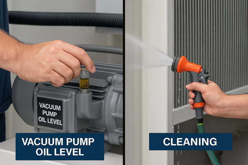 A split-screen image showing an operator easily checking the vacuum pump oil level on one side, and cleaning the condenser fins with a water hose on the other.