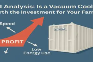 ROI analysis infographic showing how ALLCOLD vacuum coolers increase farm profits through faster cooling, low energy use, and improved product quality