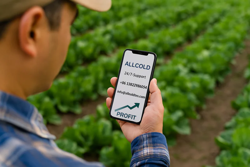 A photo of a phone displaying the ALLCOLD 24/7 support contact, held by a farmer in his field, symbolizing accessible support and reduced risk.