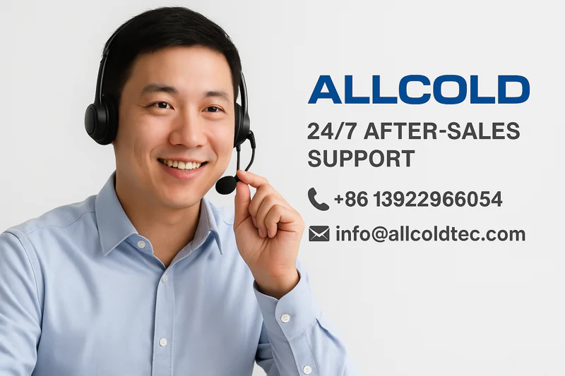 A friendly support engineer on a phone call, with the ALLCOLD service line number and email clearly visible.