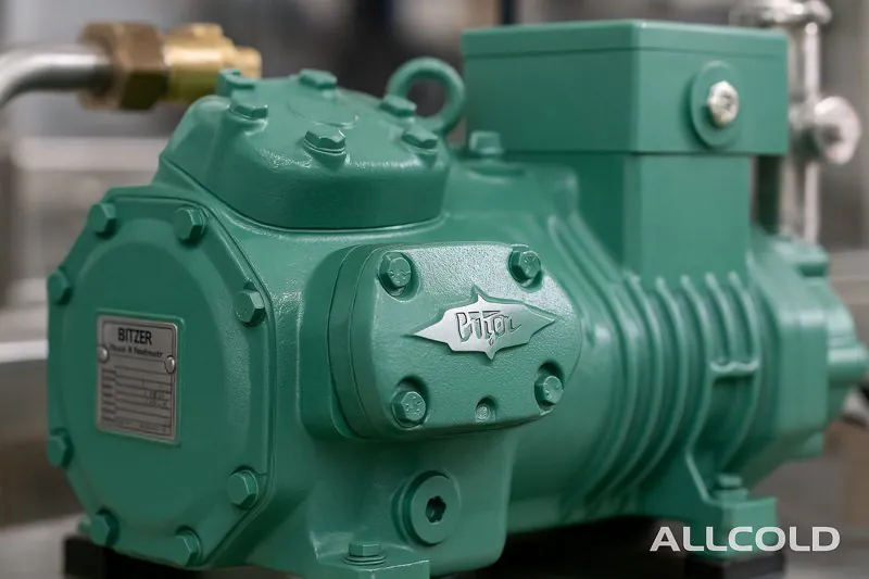 A close-up shot of a German-made Bitzer compressor, highlighting its robust construction as a key component in an ALLCOLD vacuum cooler.