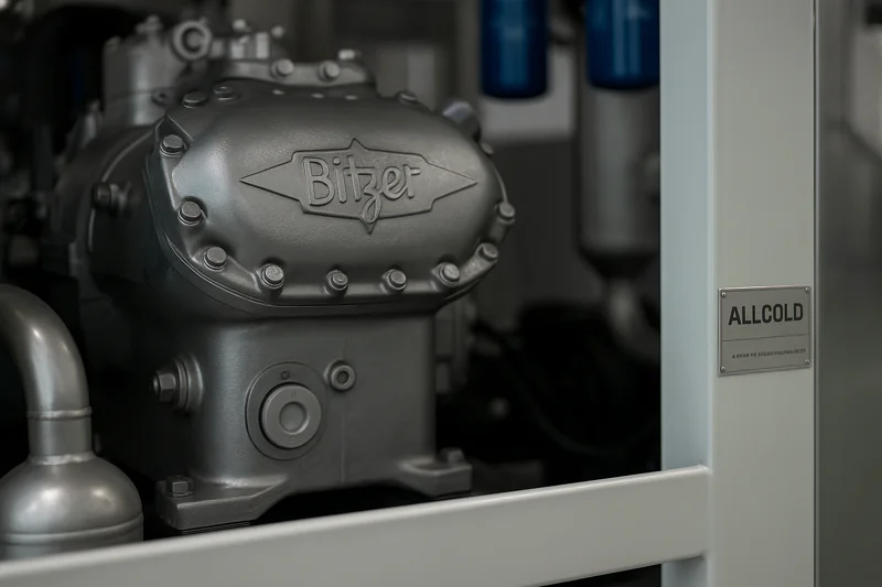 A close-up shot of the shiny, robust Bitzer compressor inside an ALLCOLD vacuum cooler, symbolizing reliability and long-term value.