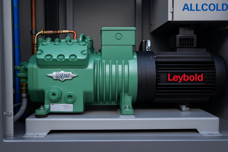 A close-up shot showcasing the high-quality Bitzer compressor and Leybold vacuum pump inside an ALLCOLD machine.