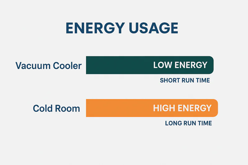 An infographic comparing the low energy bar of a vacuum cooler (short run time) versus the high energy bar of a traditional cold room (long run time).