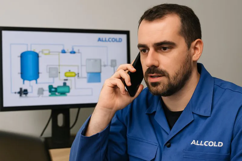 A photo of an engineer on the phone, providing technical support, with an ALLCOLD vacuum cooler schematic visible on a screen in the background.