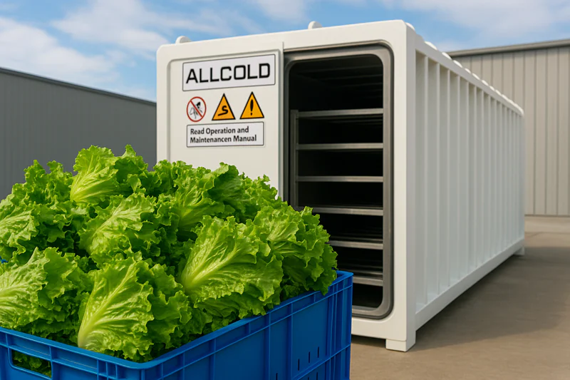 A vivid image of freshly harvested lettuce, crisp and green, being loaded into an ALLCOLD vacuum cooler.