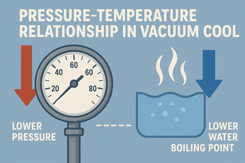 A scientific diagram illustrating the relationship between lower pressure and lower water boiling point.