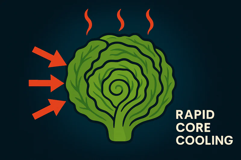 An animation or graphic showing heat being pulled out from the core of a vegetable rapidly.