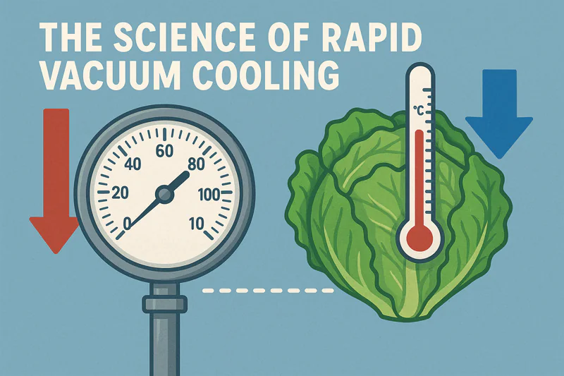 An infographic showing a pressure gauge dropping while a thermometer inside a head of lettuce also drops rapidly.