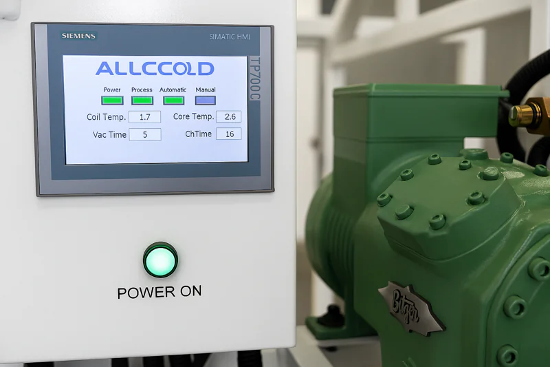 A close-up shot of the Siemens control panel on an ALLCOLD machine, with the Bitzer compressor visible nearby.