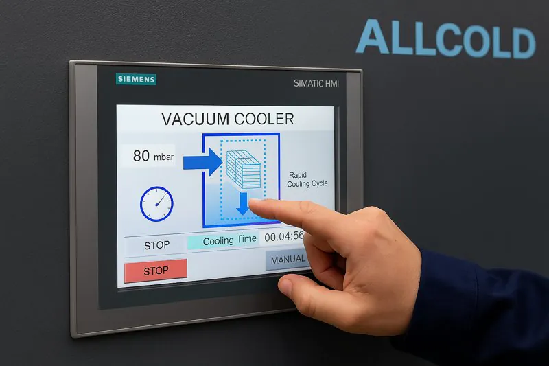 An operator interacting with a modern Siemens touch screen on a vacuum cooler, displaying a rapid cooling cycle in progress.