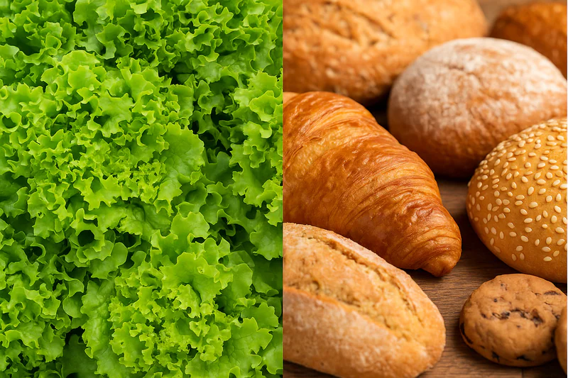 A split-screen image showing fresh lettuce on one side and bakery items on the other, indicating versatility.