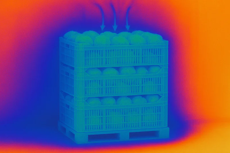 A thermal imaging photo showing a pallet of produce after vacuum cooling, all in a uniform blue/green color representing a consistent cool temperature.