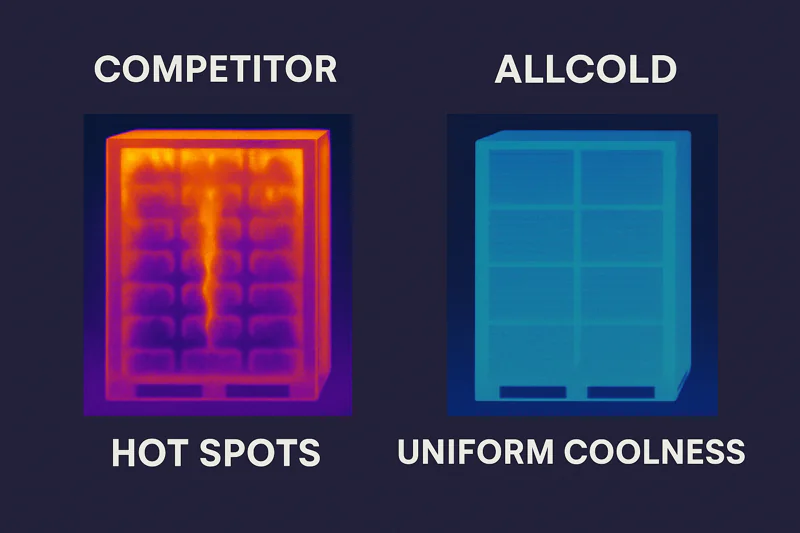 A thermal image of two pallets side-by-side: one from a competitor showing hot spots, and one from an ALLCOLD machine showing uniform coolness.
