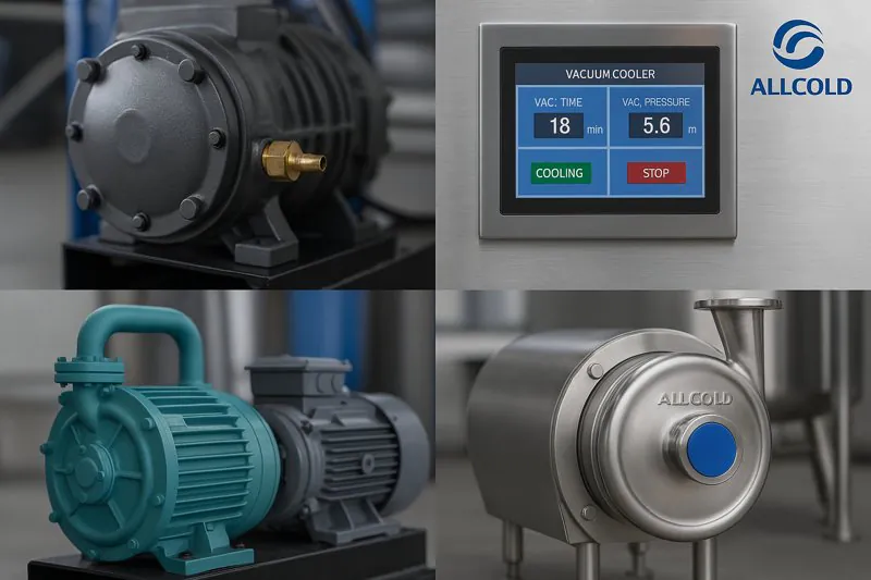A montage of different high-quality vacuum cooler components like a compressor, pump, and control screen, with the ALLCOLD logo subtly present.