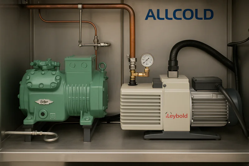 A detailed shot of the interior of an ALLCOLD machine, clearly showing the brand labels on the Bitzer compressor and Leybold vacuum pump.
