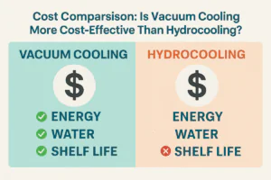Cost comparison infographic of ALLCOLD vacuum cooler vs. hydrocooler, showing lower energy and water usage with longer shelf life for vacuum cooling