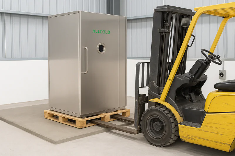 A forklift carefully placing a skid-mounted ALLCOLD vacuum cooler onto its final position on the prepared concrete floor.