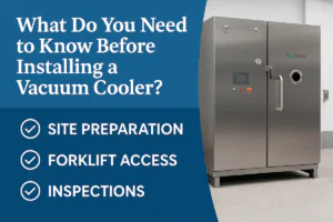 ALLCOLD vacuum cooler installation guide image showing stainless steel machine in warehouse with checklist for site preparation, forklift access, and inspection.
