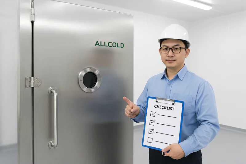 An ALLCOLD engineer points to a checklist on a clipboard while standing next to a newly installed vacuum cooler in a clean facility.