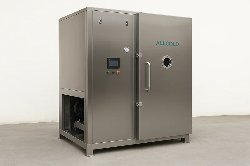 A high-quality image of an ALLCOLD vacuum cooler, emphasizing its robust, self-contained unit construction.