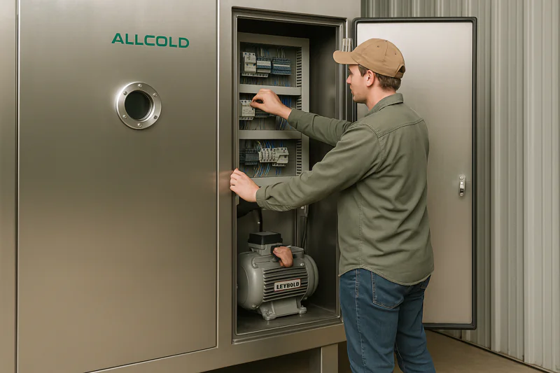 A farm employee easily performing a monthly check on the vacuum cooler, highlighting the user-friendly maintenance design.