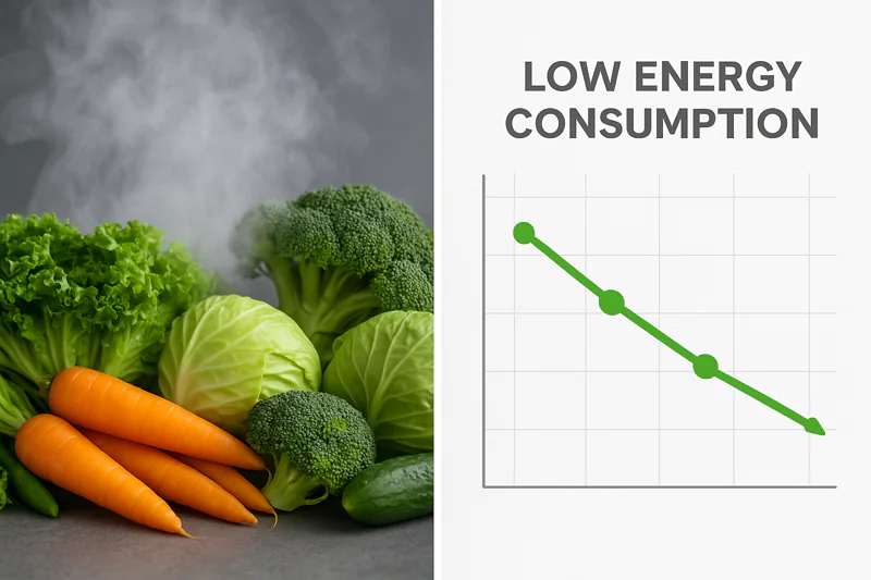 A split-screen image showing vegetables rapidly cooling on one side, and a graph showing low energy consumption on the other.
