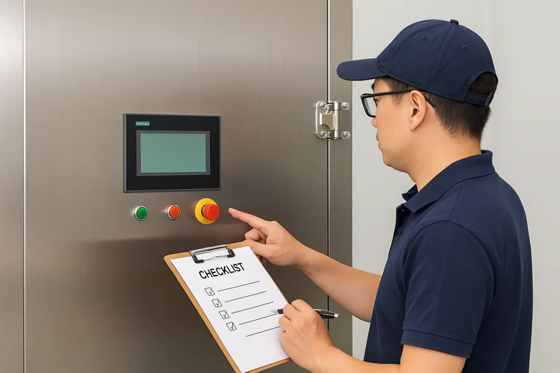 An engineer with a checklist carefully inspecting the Siemens touch screen and control panel of the vacuum cooler before its first operational run.
