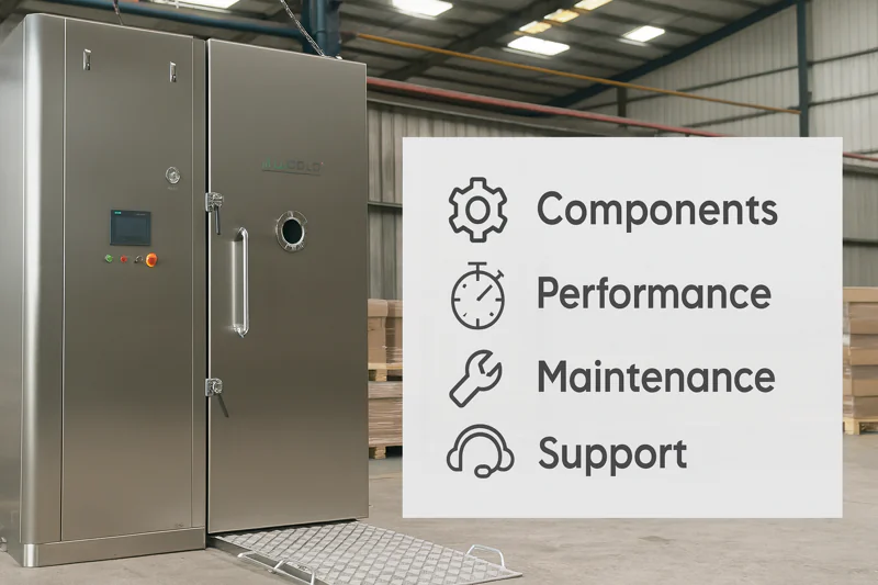A checklist graphic with icons for a gear (components), a stopwatch (performance), a wrench (maintenance), and a headset (support) next to an ALLCOLD vacuum cooler.