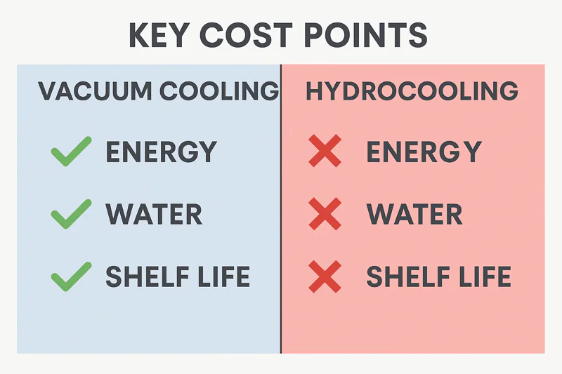 A side-by-side infographic comparing the key cost points of a vacuum cooler and a hydrocooler, with clear checkmarks on the vacuum cooling side for energy, water, and shelf life.